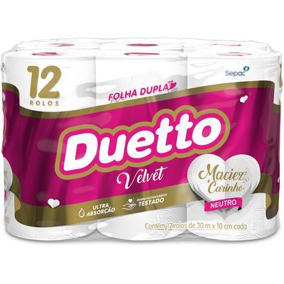 Papel higiênico velvet neutro folha dupla duetto 30m c/12