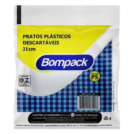 PRATO PLÁSTICO DESCARTÁVEL BOMPACK 20,75CM COM 10 UNIDADES