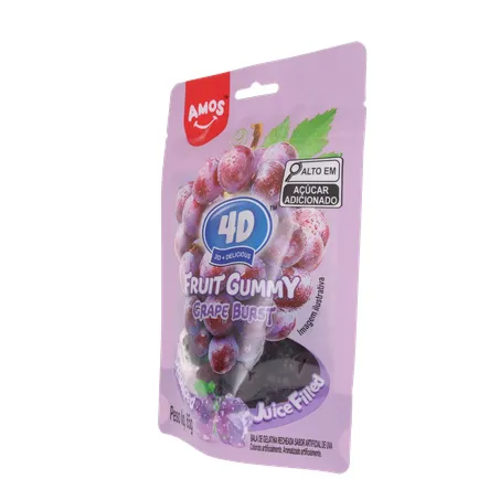 Balas de Gelatina Amos Fruit Gummy Grape Burst Juice Filled Sachê 65gr 360-4