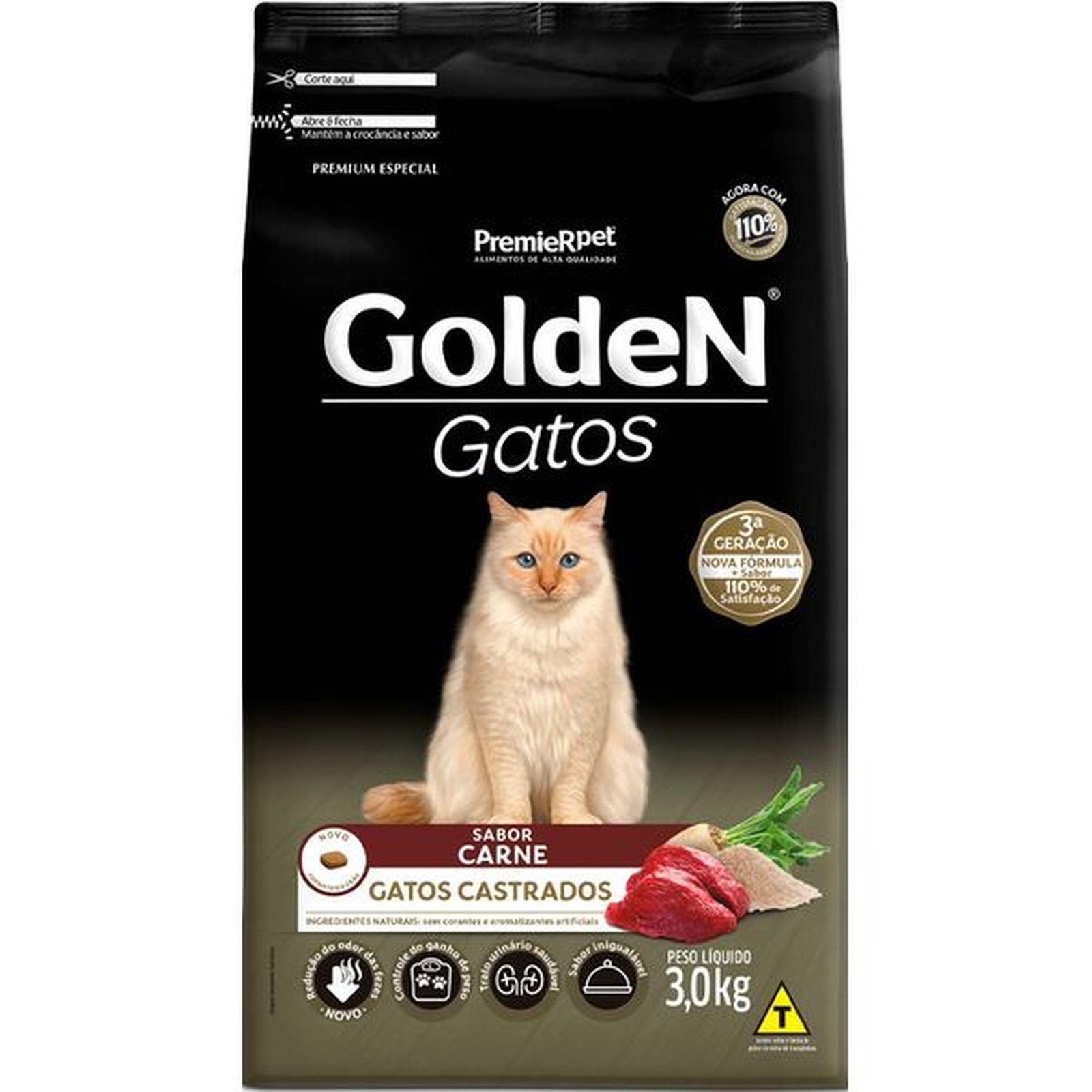 Ração Golden para Gatos Adultos Castrados Sabor Carne 3Kg