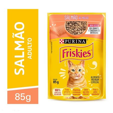 Ração úmida friskies sachê para gatos adultos sabor salmão ao molho 85g