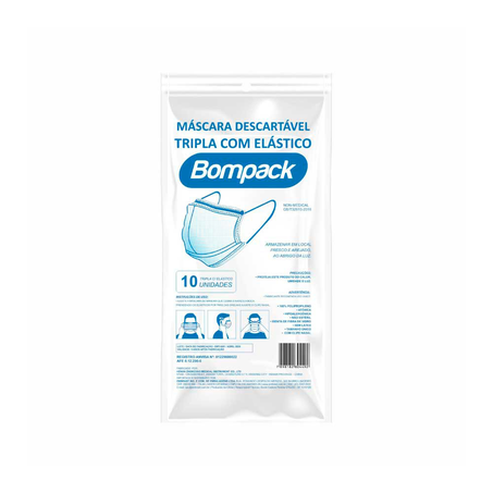 Máscara Bompack Tripla Descartável com 10 Unidades