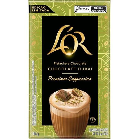 MISTURA PARA O PREPARO DE CAPPUCCINO LÓR PREMIUM DUBAI PISTACHE E CHOCOLATE 8X19,5G