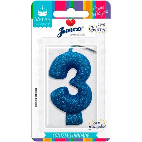 Vela Aniversario Junco Live Colors N3 Azul Glitter