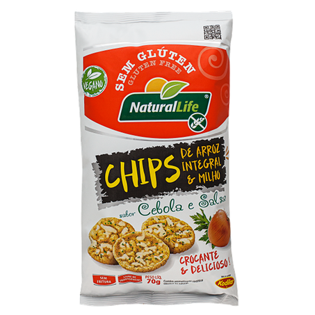 Chips de Arroz Integral e Milho Natural Life Sabor Cebola e Salsa Vegano Sem Glúten 70g
