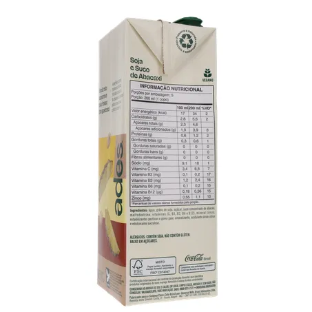 Bebida a Base de Soja Ades Sabor Abacaxi Caixa 1lt 360-25