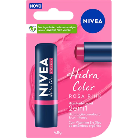 PROTETOR LABIAL NIVEA HIDRA COLOR ROSA PINK 2EM1 COM VITAMINA E E ÓLEO DE AMÊNDOAS 4,8G