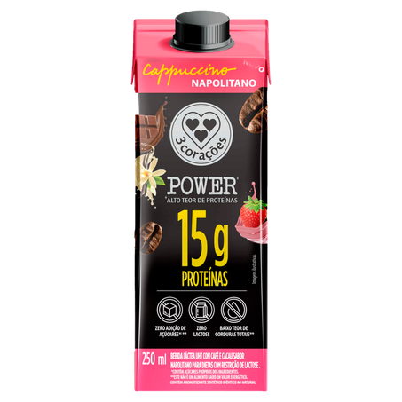 Bebida Láctea UHT Cappuccino Napolitano Zero Lactose 3 Corações Power Caixa 250ml