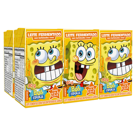 Pack Leite Fermentado Desnatado Laranja Bob Esponja Elegê Caixa 6 Unidades 80g Cada