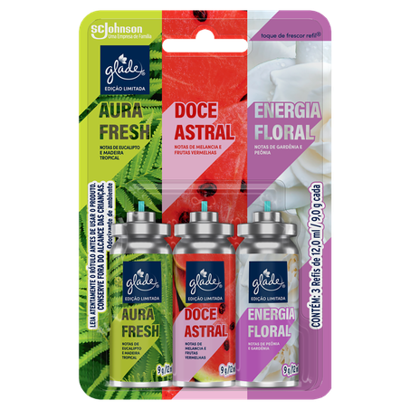 Kit Odorizador de Ambiente Aura Fresh  Doce Astral  Energia Floral Glade Toque de Frescor 12ml Cada Refil Edição Limitada