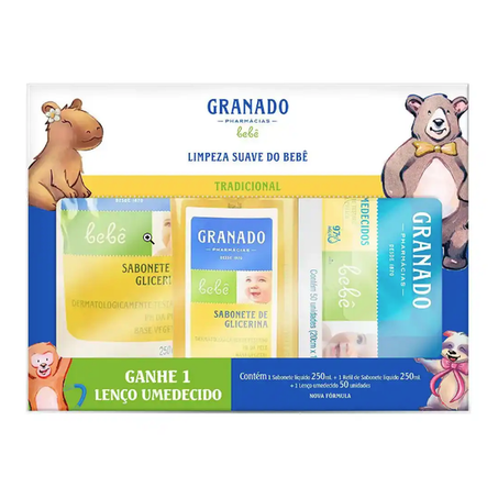 KIT GRANADO BEBE LIMPEZA SUAVE 1 SABONETE LÍQUIDO + 1 REFILL + 1 LENÇO UMEDECIDO