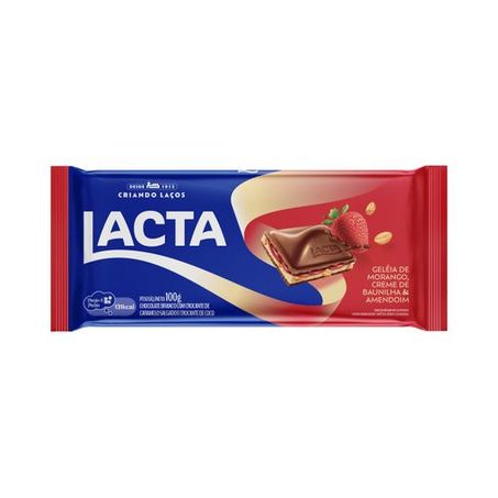 BARRA DE CHOCOLATE AO LEITE RECHEIO GELEIA MORANGO BAUNILHA AMENDOIM LACTA 100G
