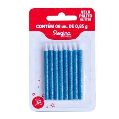 Vela Palito Regina Glitter Azul Com 8 Unidades