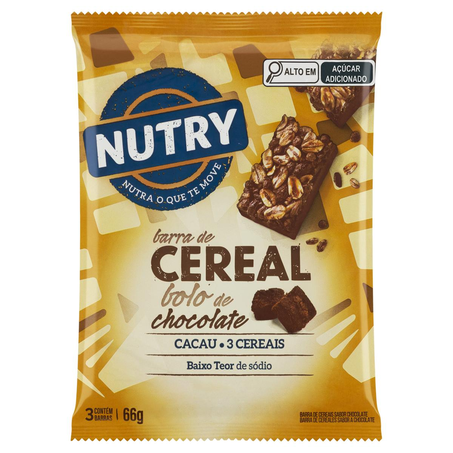 Barra de Cereal Nutry 66g - Bolo de Chocolate - Com 3 unidades 22g