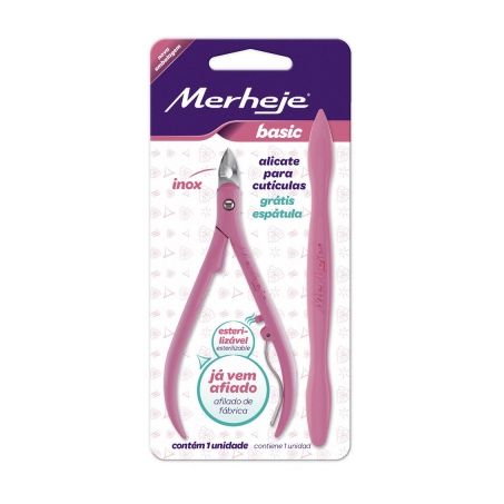Alicate de Cutículas Merheje Rosa com Espátula Embalagem 1UN