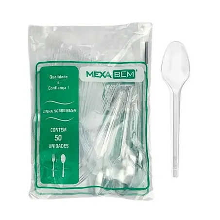 COLHER DE SOBREMESA DESCARTÁVEL MEXA BEM 13CM CRISTAL C/50UN