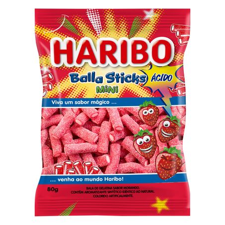 BALA MORANGO ÁCIDO HARIBO BALLA STICKS MINI